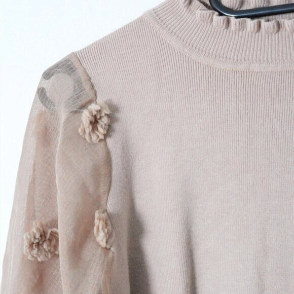Vintage 90s Beige Flower Ruffle Mock Neck Jumper - Picture 4 of 6